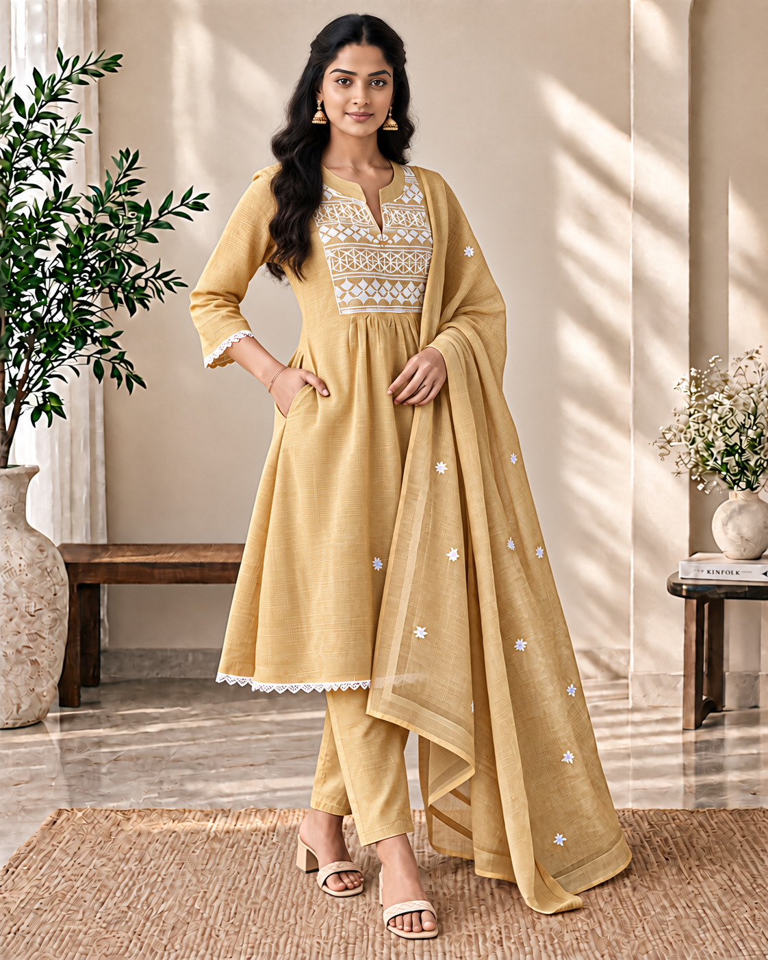 Antique Gold Kota Check Embroidered Kurti Set