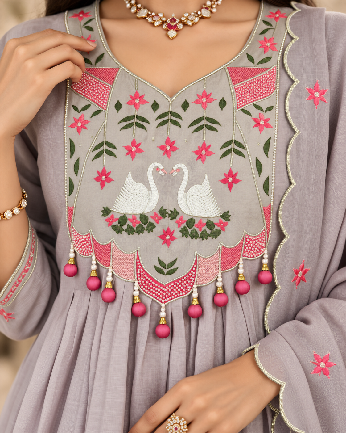 Misty Lavender Grey Mul Chanderi Embroidered Kurti Set