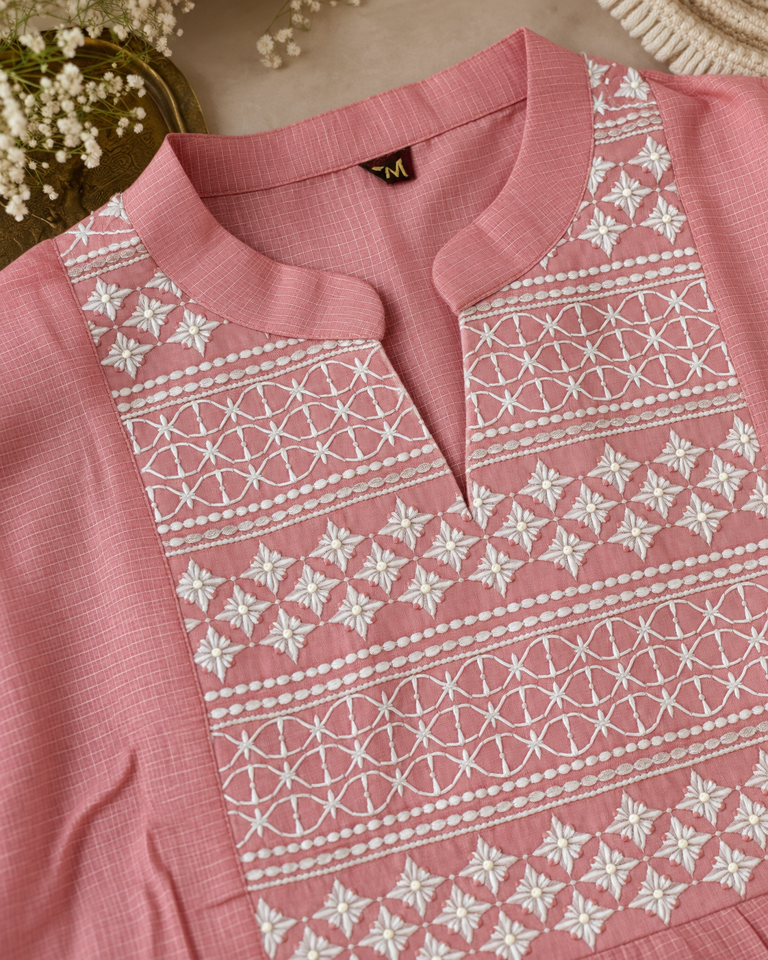 Rose Blush Kota Checks Embroidered Kurti Set