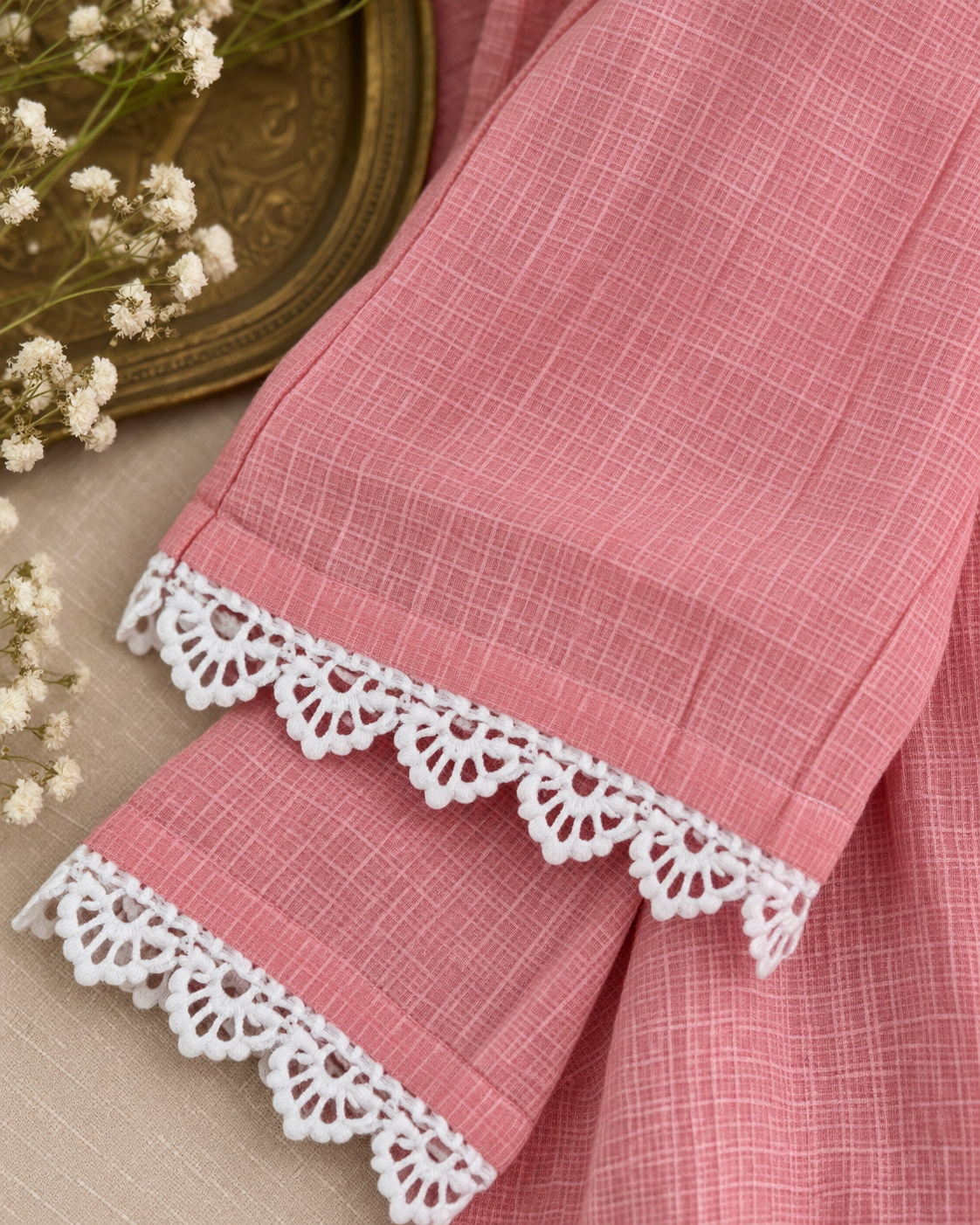 Rose Blush Kota Checks Embroidered Kurti Set