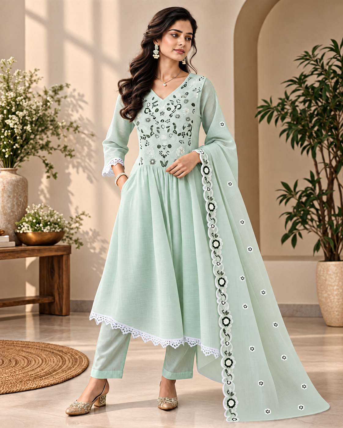 🌿 Pastel Mint Bloom Kota Checks Kurti Set