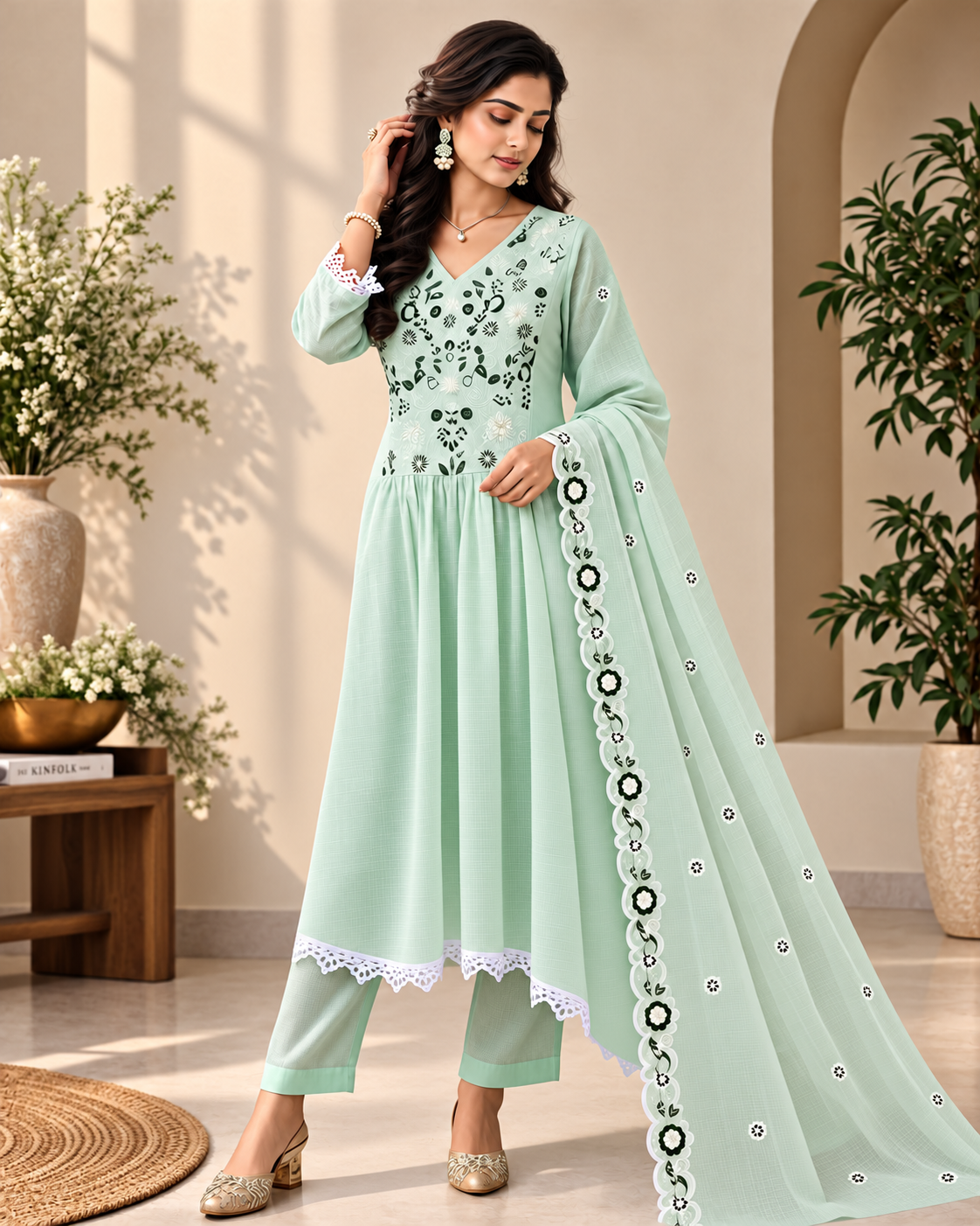 🌿 Pastel Mint Bloom Kota Checks Kurti Set