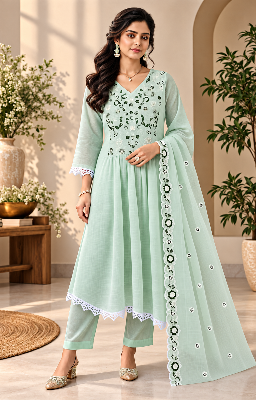 🌿 Pastel Mint Bloom Kota Checks Kurti Set