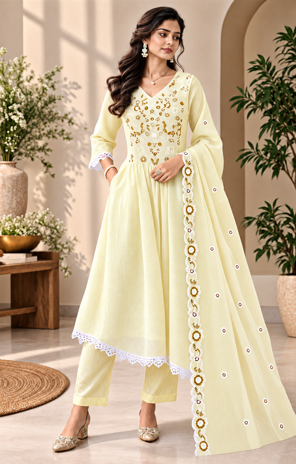 🌼 Buttercream Bloom Kota Checks Kurti Set