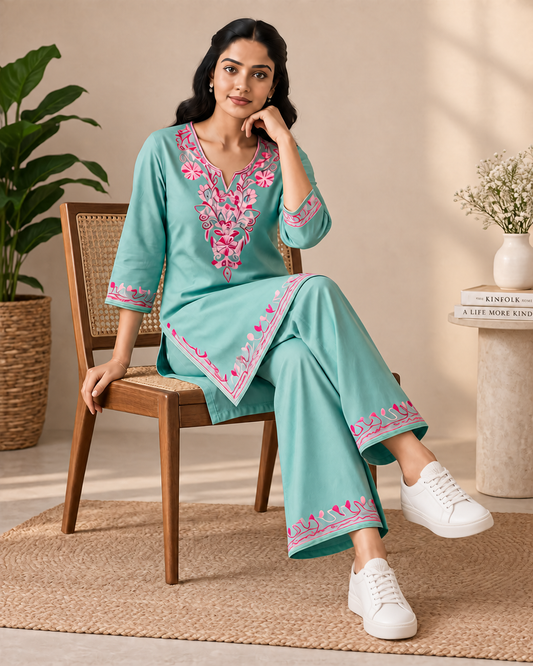 Aqua Blue Rayon Aari Work Co-ord Set