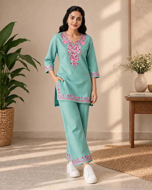 Aqua Blue Rayon Aari Work Co-ord Set