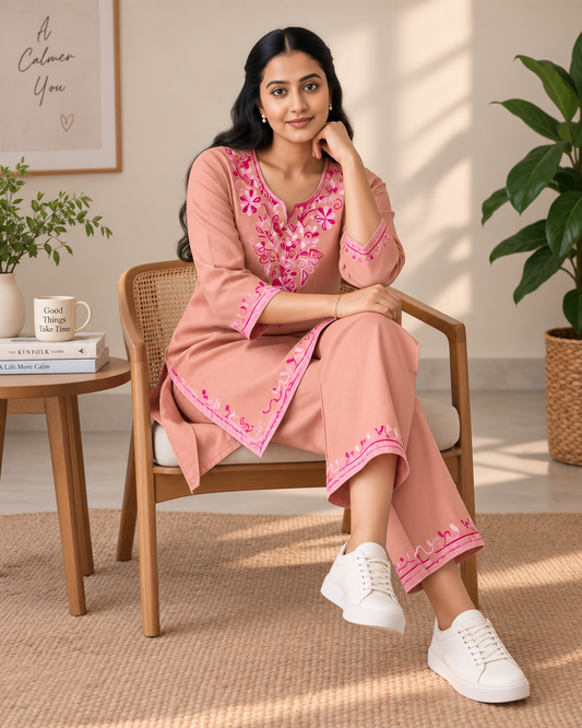 Peach Bloom Rayon Aari Work Co-ord Set
