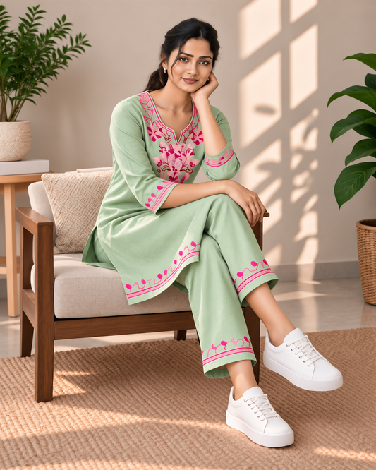 Sage Green Bloom Rayon Aari Work Co-ord Set
