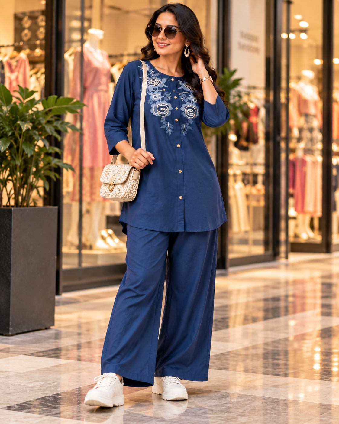 Navy Blue Cotton Floral Embroidered Co-ord Set with Wide-Leg Pants