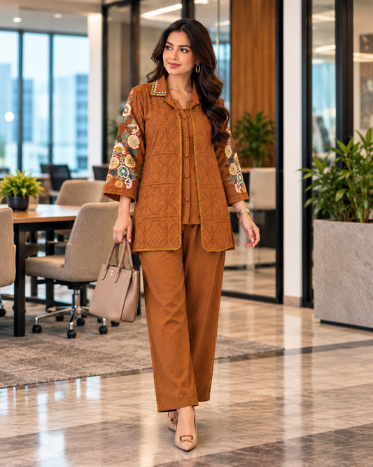 Premium Rust Brown Cotton Designer Co-ord Set with Attached Crochet Jacket & Floral Embroidery