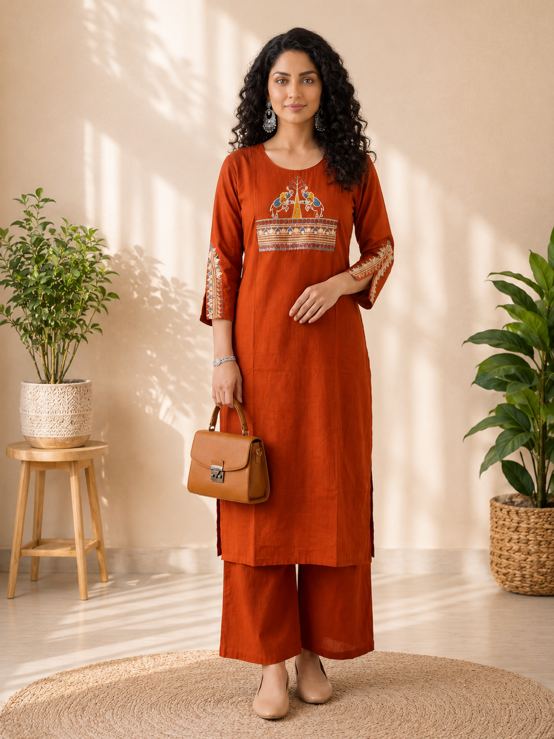Rust Ember Embroidered Cotton Co-Ord Set