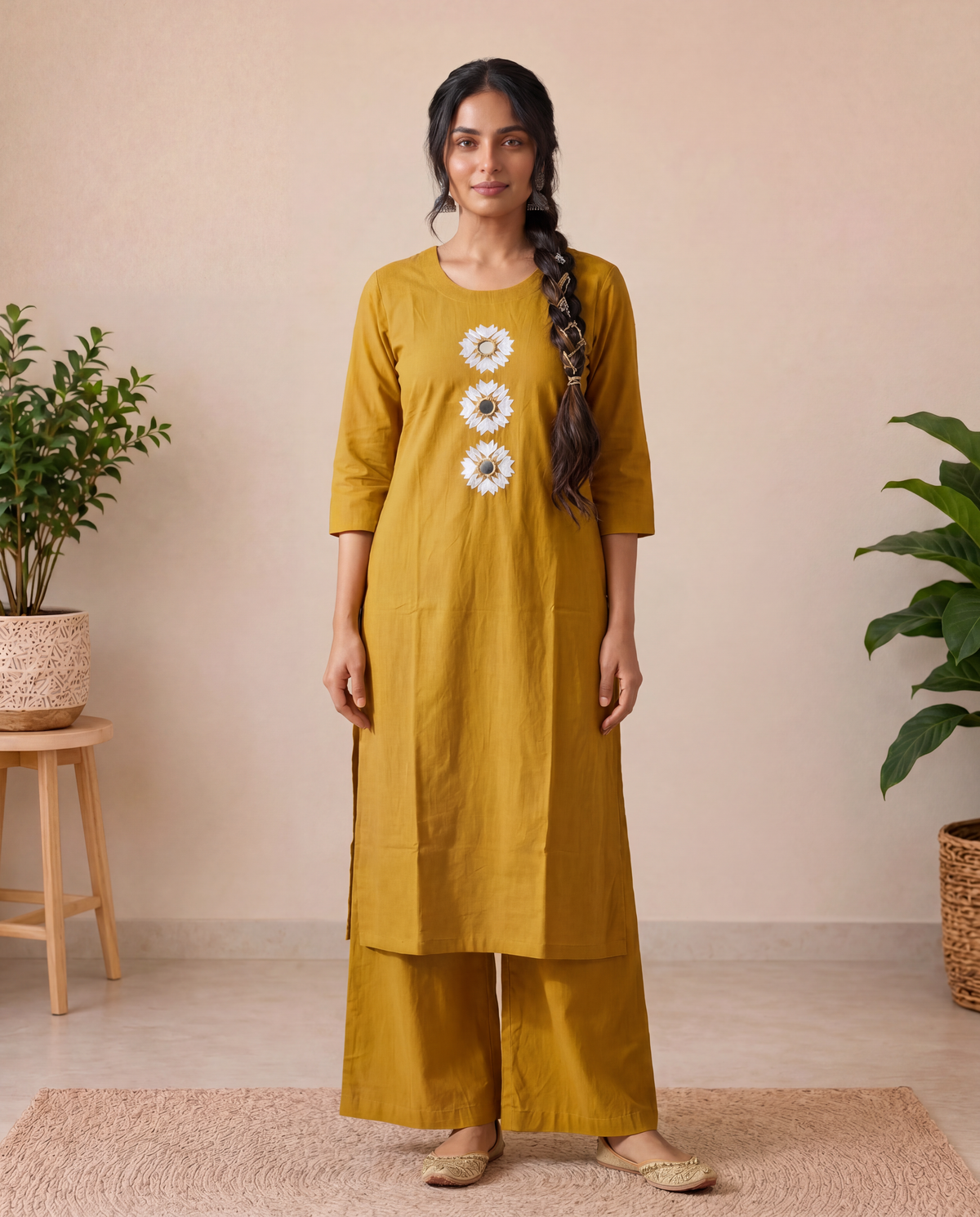 Golden Marigold Mirror Dhabu Cotton Kurta Set