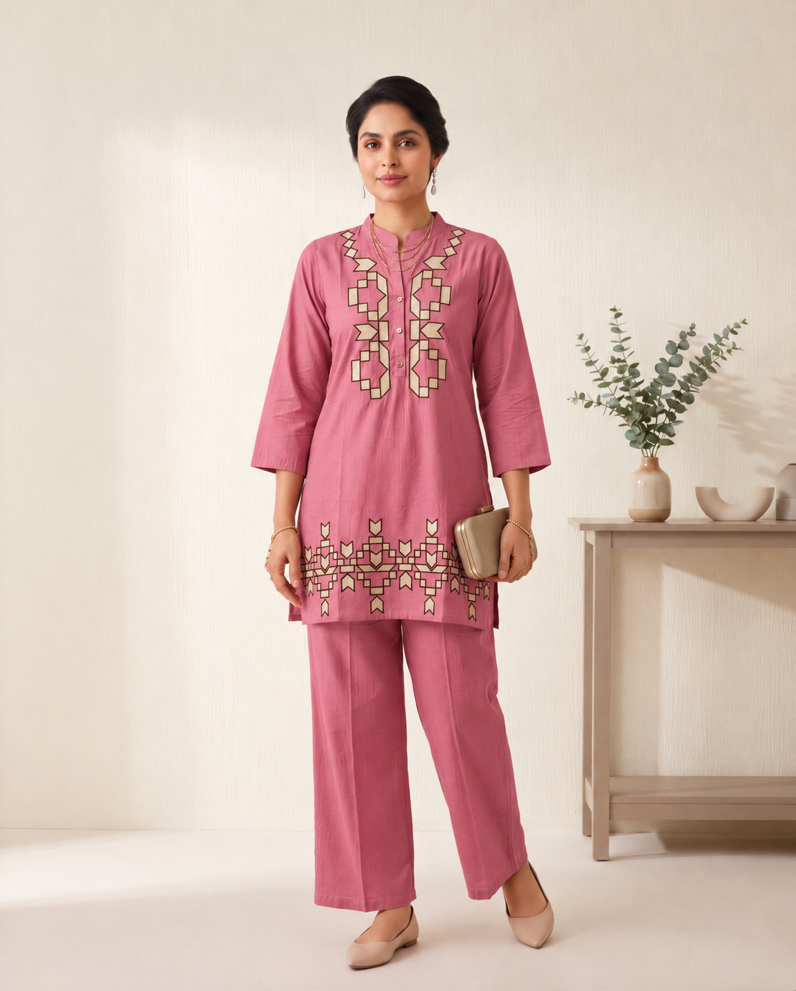 Dusty Rose Pink Cotton Co-ord Set with Geometric Embroidery