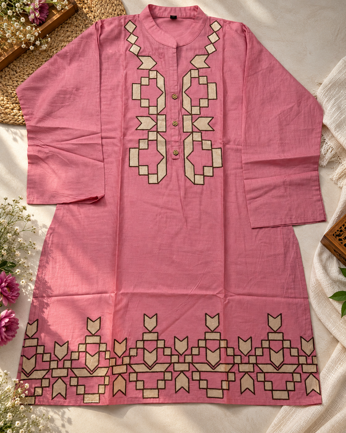 Dusty Rose Pink Cotton Co-ord Set with Geometric Embroidery