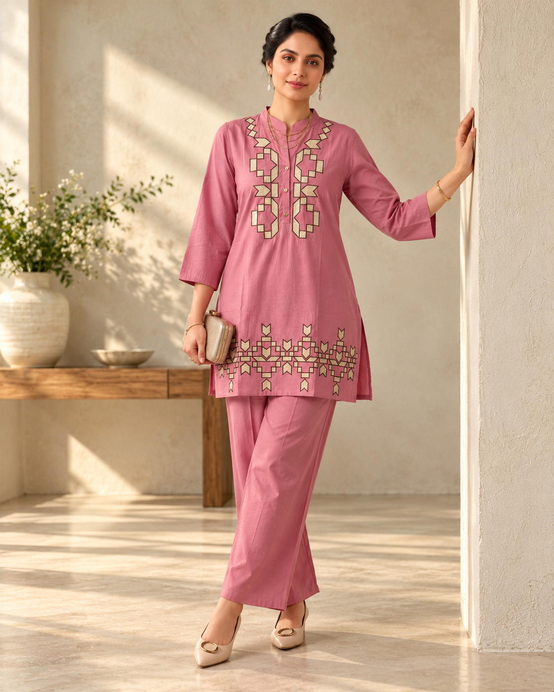 Dusty Rose Pink Cotton Co-ord Set with Geometric Embroidery