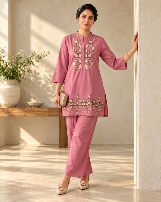 Dusty Rose Pink Cotton Co-ord Set with Geometric Embroidery