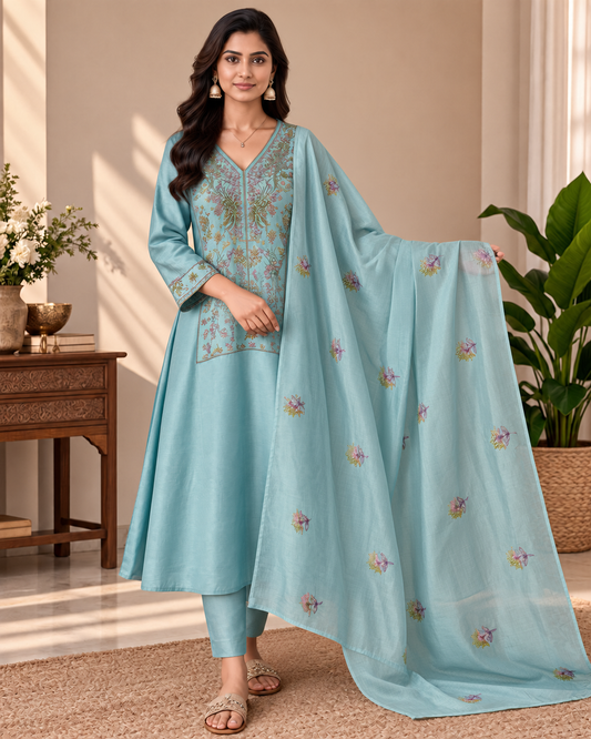 Powder Aqua Blue Mul Chanderi Embroidered 3-Piece Kurti Set