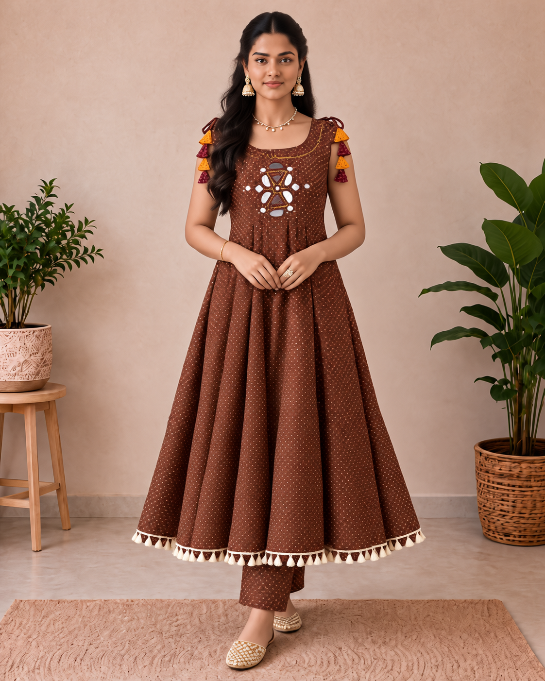 Mocha Brown Mirror-Work Cotton Designer Flared A-Line Kurti Set