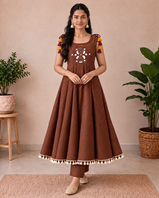 Mocha Brown Mirror-Work Cotton Designer Flared A-Line Kurti Set