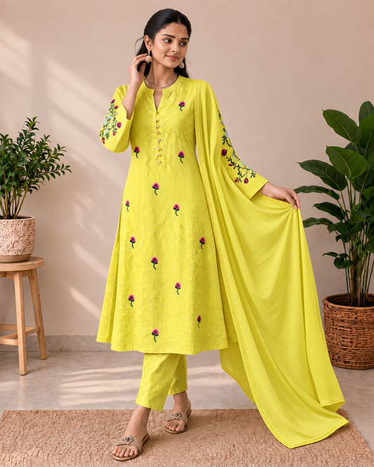 Lime Yellow Floral Embroidered Cotton 3-Piece Kurti Set