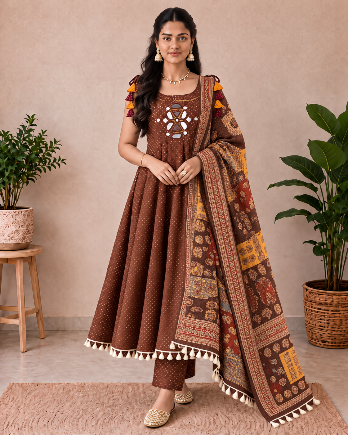Mocha Brown Mirror-Work Cotton Designer Flared A-Line Kurti Set