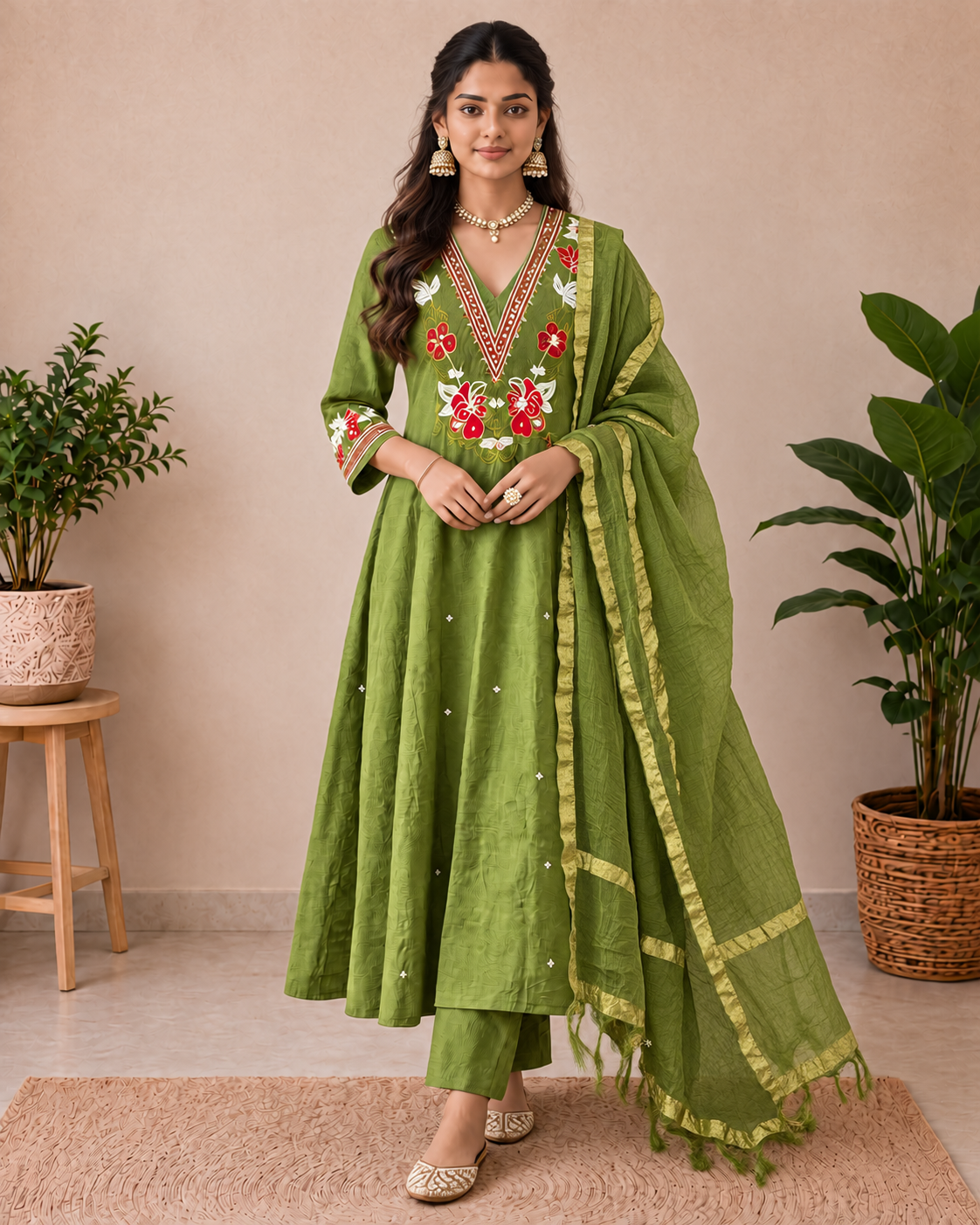 Mehendi Olive Green Embroidered A-Line Kurti Set