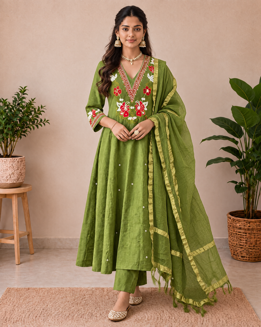 Mehendi Olive Green Embroidered A-Line Kurti Set