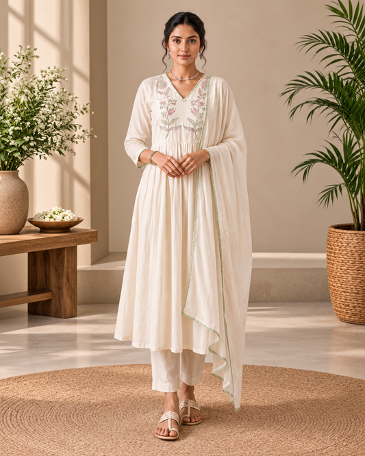 Ivory Bloom Mul Chanderi 3-Piece Kurti Set