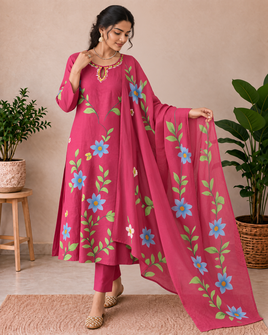 Raspberry Pink Floral Handbrush Designer Mul Chanderi 3-Piece Kurti Set