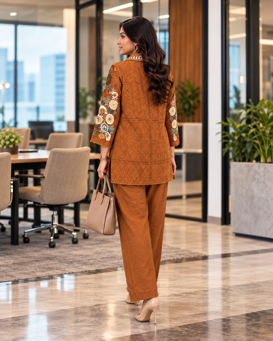 Premium Rust Brown Cotton Designer Co-ord Set with Attached Crochet Jacket & Floral Embroidery