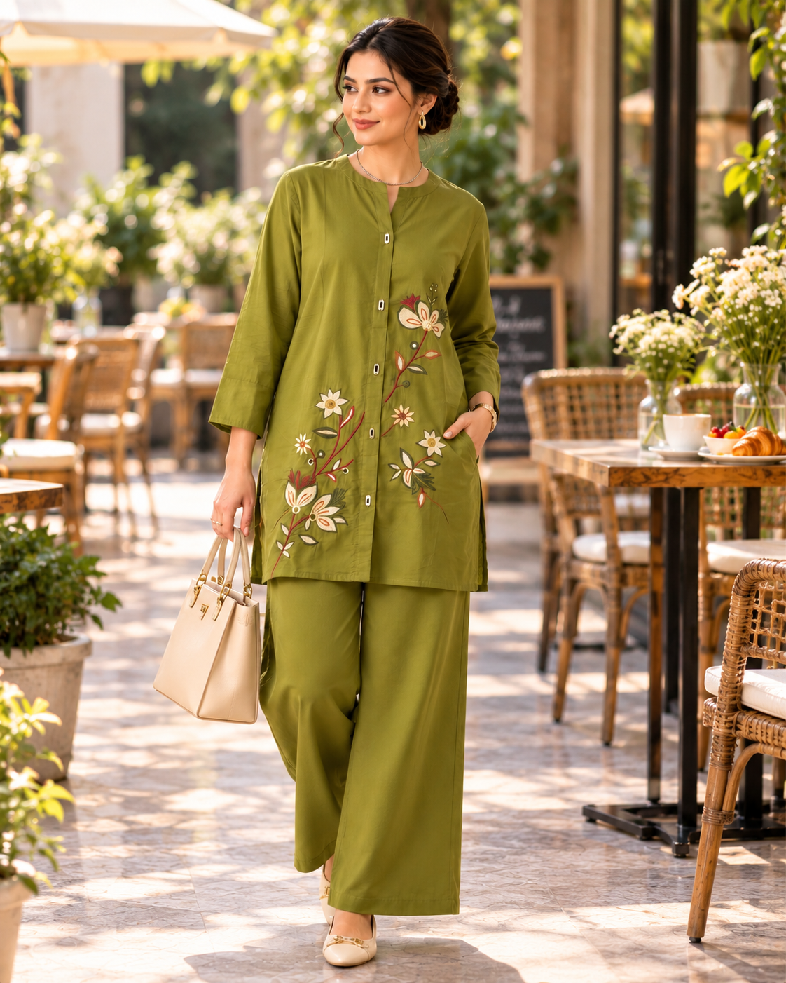 Olive Green Cotton Floral Embroidered Co-ord Set with Wide Leg Pants