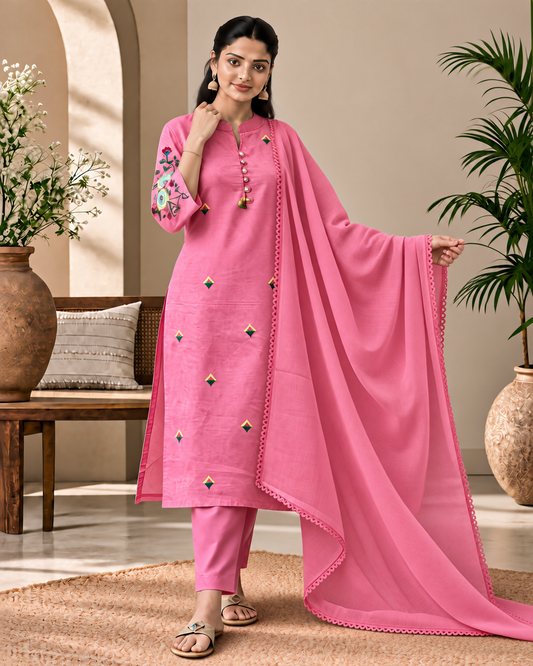 Blush Pink Floral Embroidered Cotton 3-Piece Kurti Set