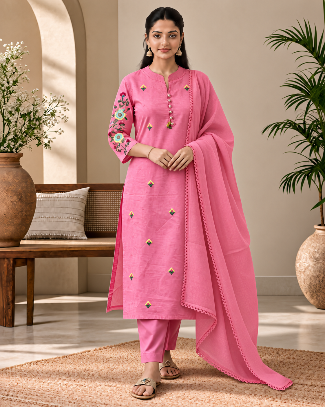 Blush Pink Floral Embroidered Cotton 3-Piece Kurti Set