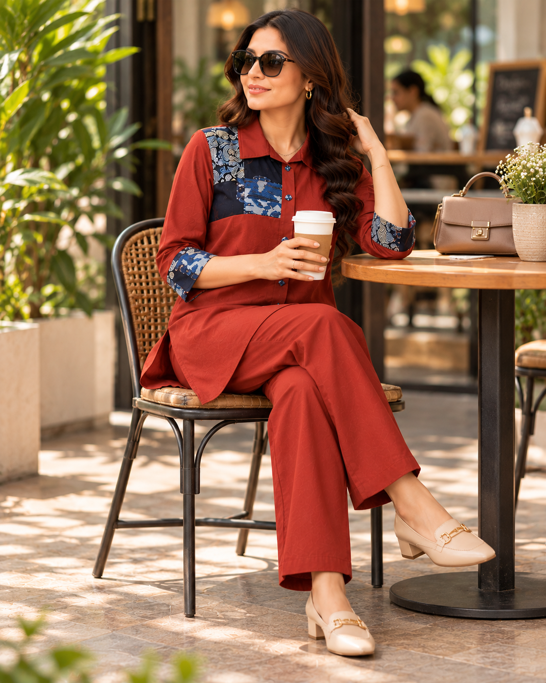 Rust Red Cotton Co-ord Set with Contrast Fabric Appliqué Work