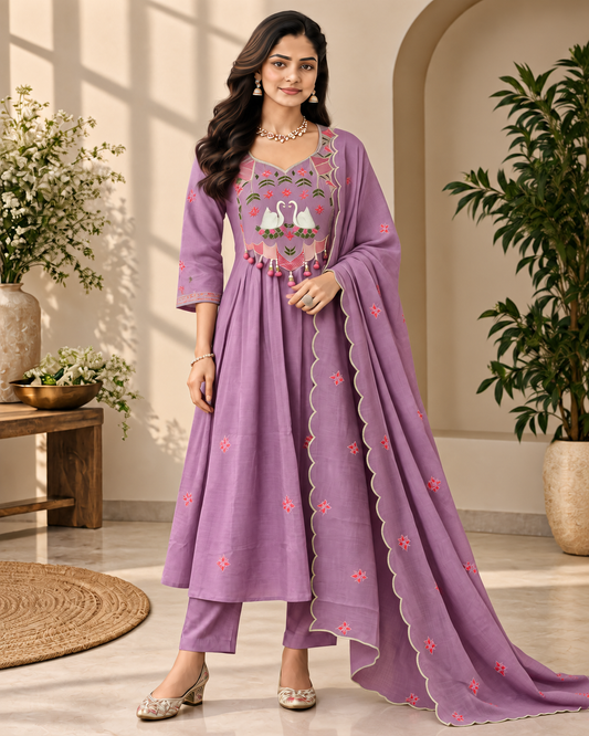 Dusty Orchid Mul Chanderi Embroidered Kurti Set