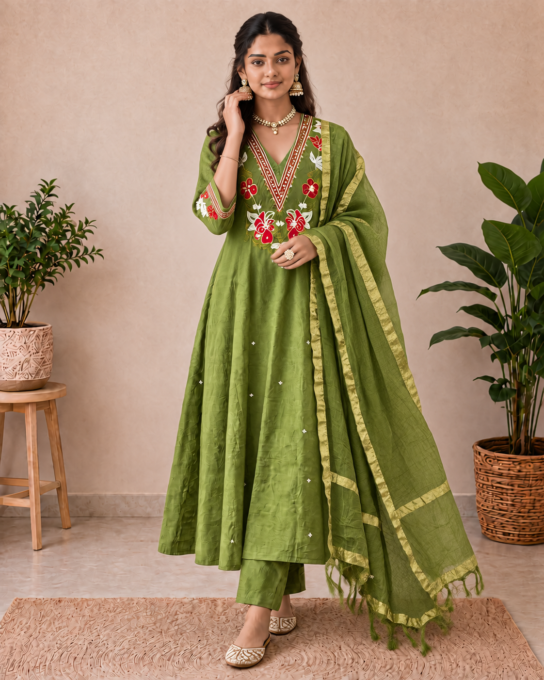 Mehendi Olive Green Embroidered A-Line Kurti Set