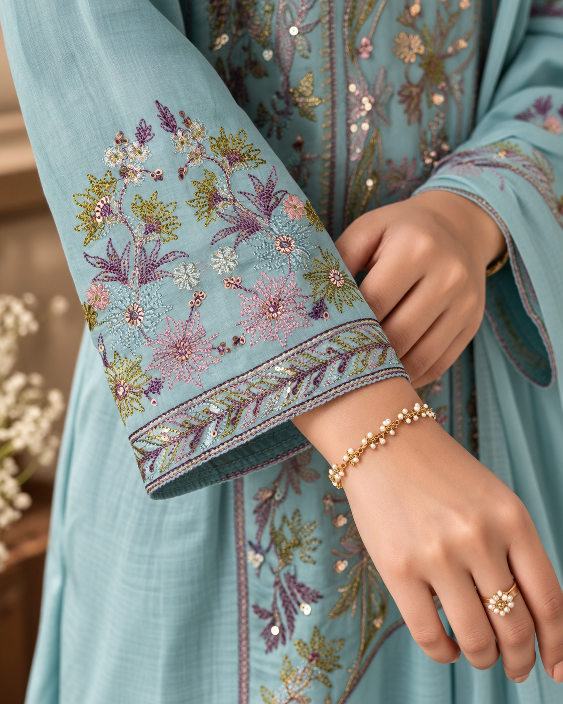 Powder Aqua Blue Mul Chanderi Embroidered 3-Piece Kurti Set
