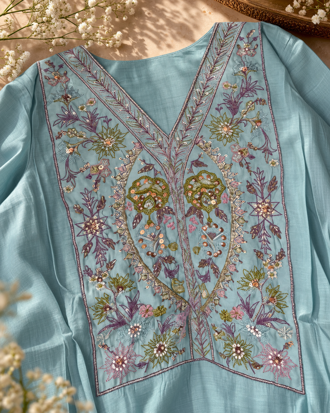 Powder Aqua Blue Mul Chanderi Embroidered 3-Piece Kurti Set