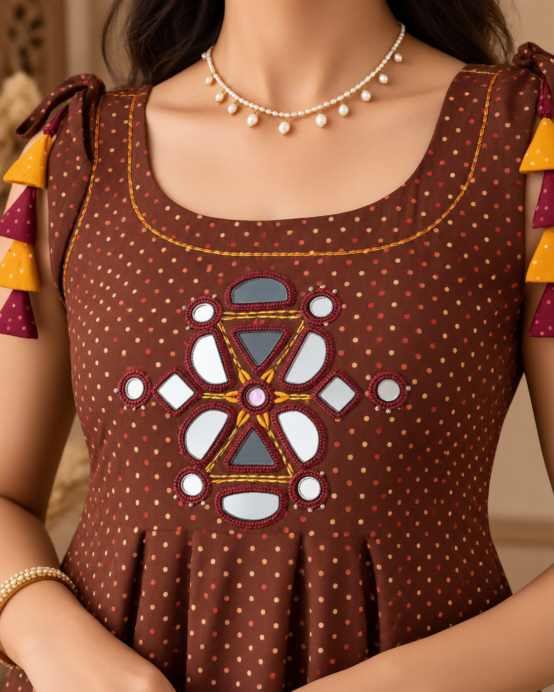 Mocha Brown Mirror-Work Cotton Designer Flared A-Line Kurti Set