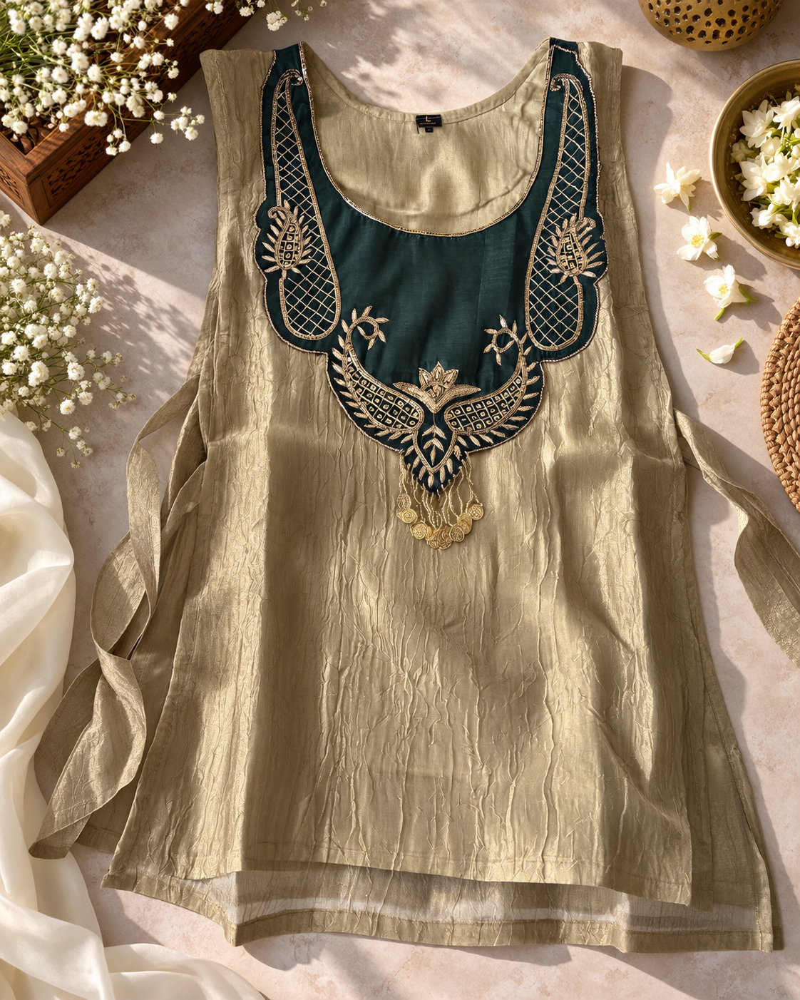 Champagne Beige Salsa Crush Layered Kurti Set with Teal Embroidered Yoke