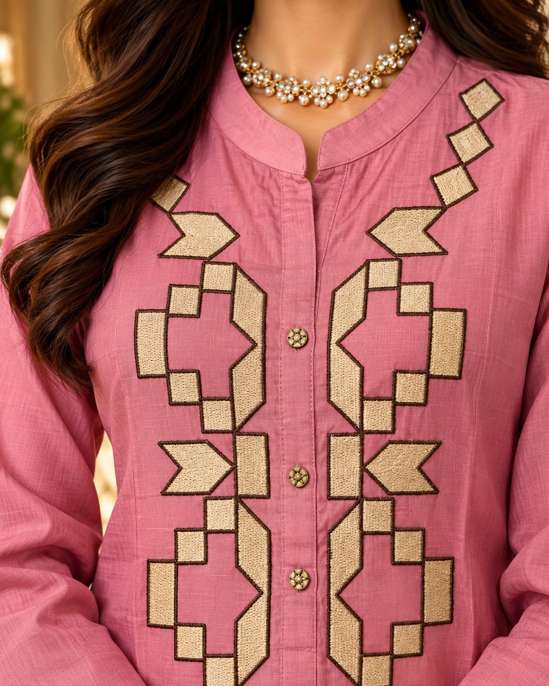 Dusty Rose Pink Cotton Co-ord Set with Geometric Embroidery