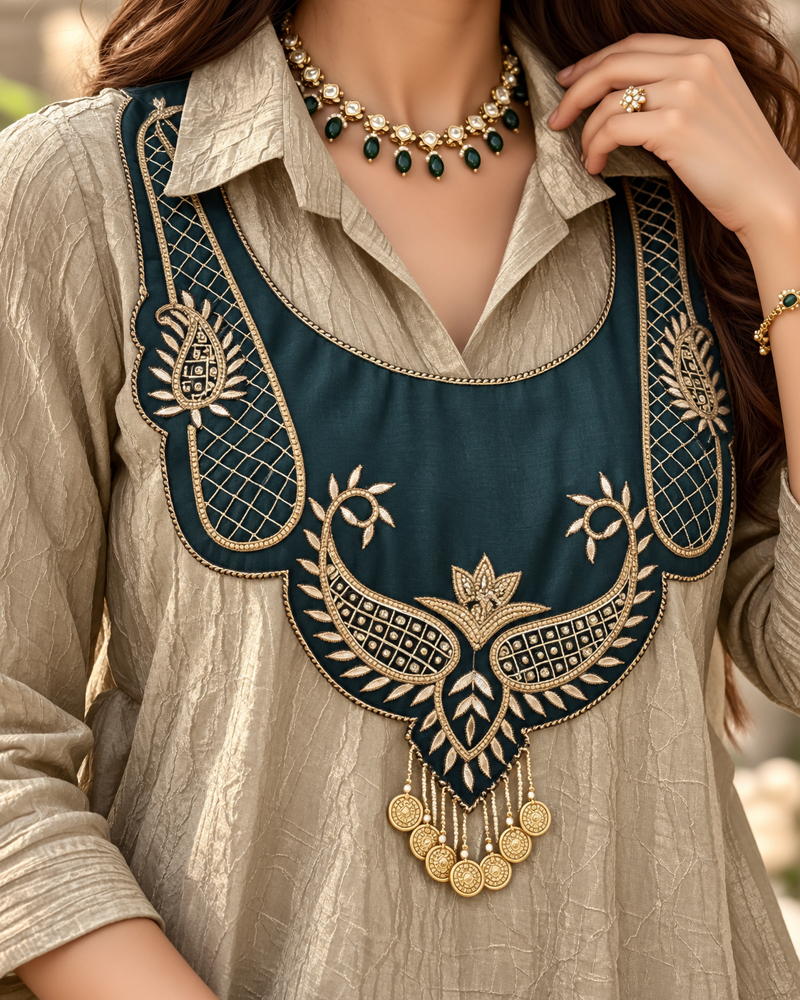 Champagne Beige Salsa Crush Layered Kurti Set with Teal Embroidered Yoke