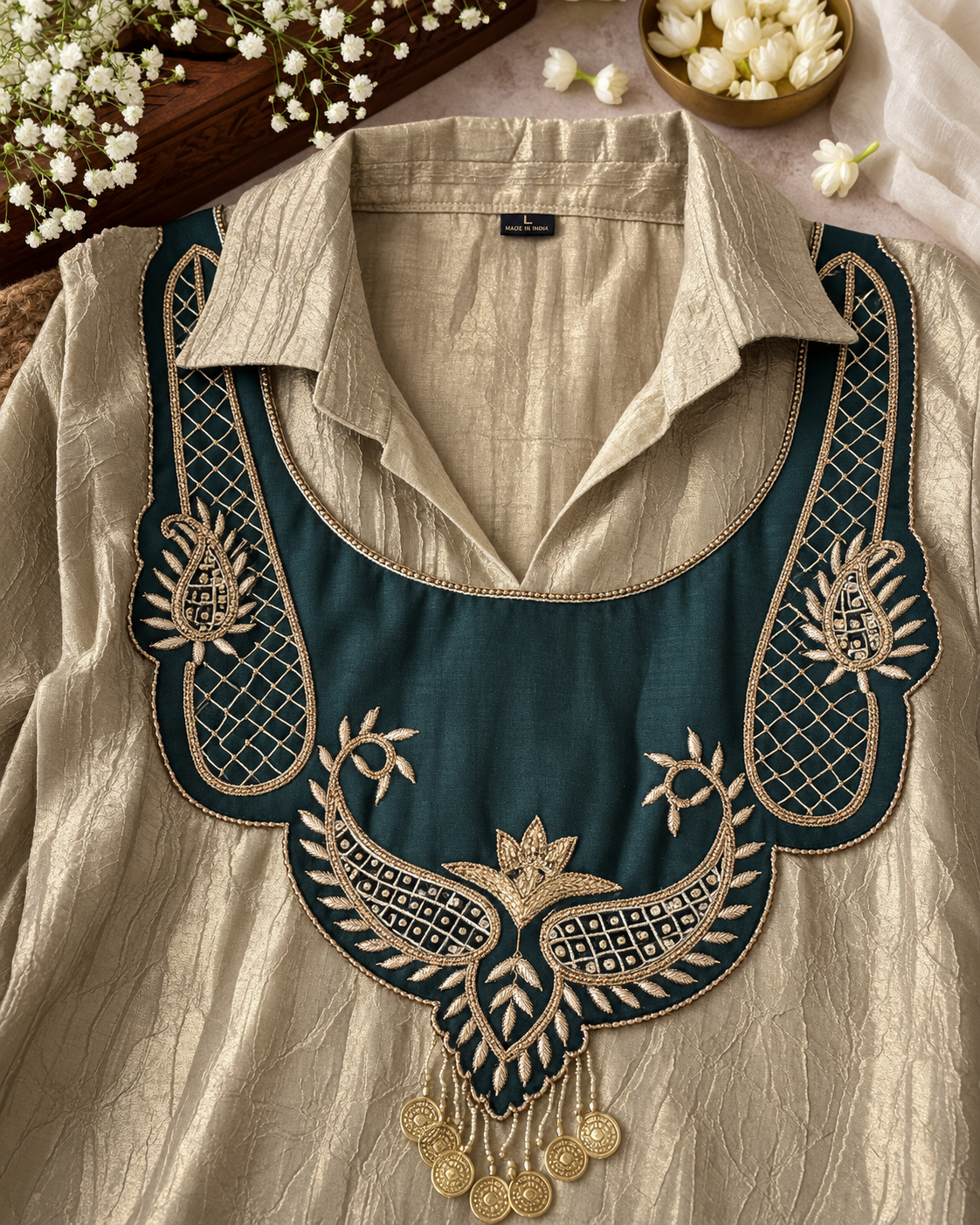 Champagne Beige Salsa Crush Layered Kurti Set with Teal Embroidered Yoke