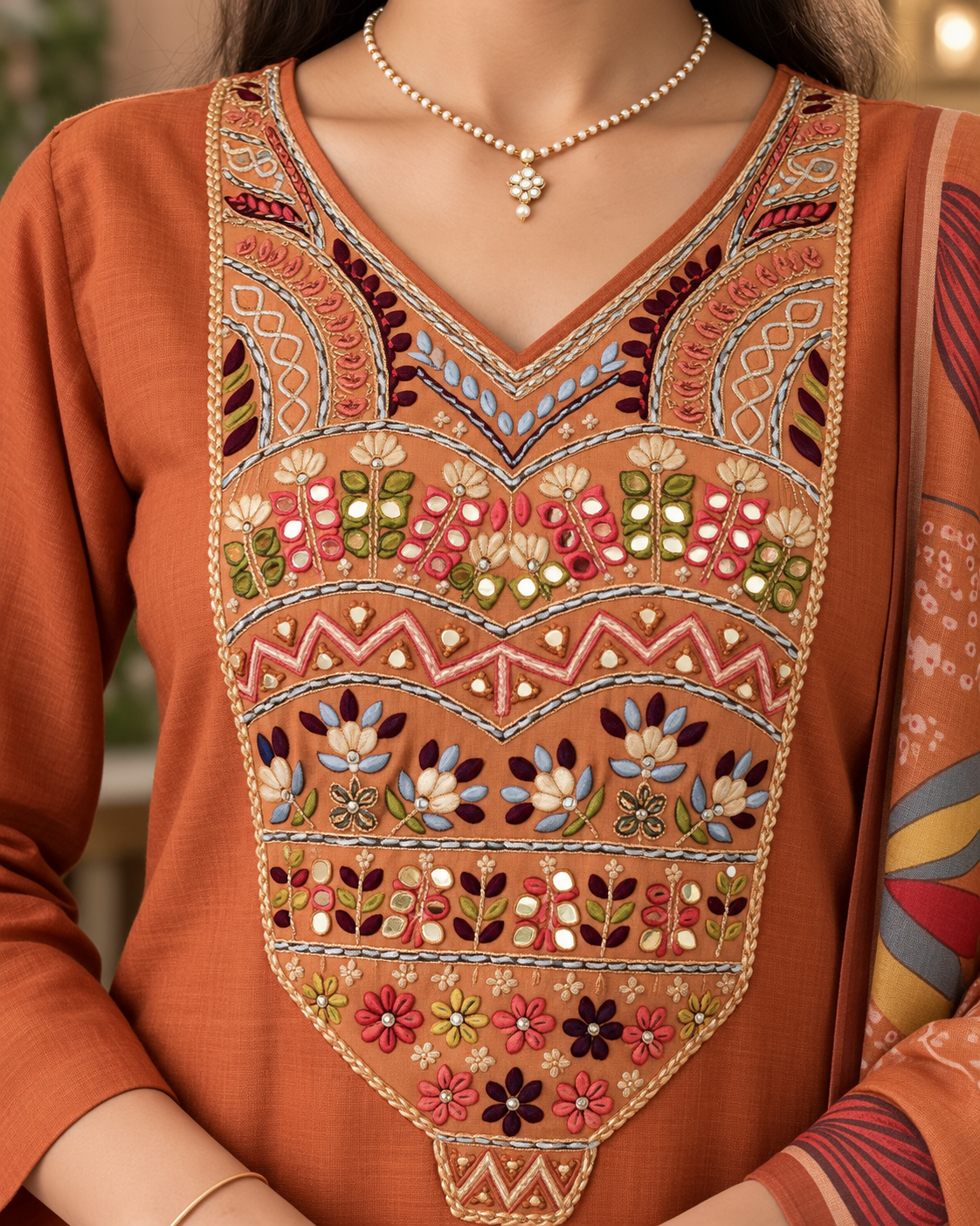 Rust Orange Premium Mul Chanderi Designer Kurti Set with Concealed side zip for easy wear & a comfortable fit.
