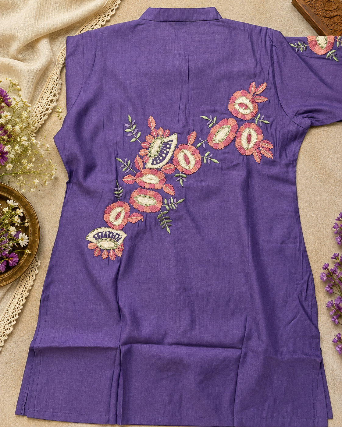Lavender Mul Chanderi Floral Embroidered Co-ord Set with Wide-Leg Pants