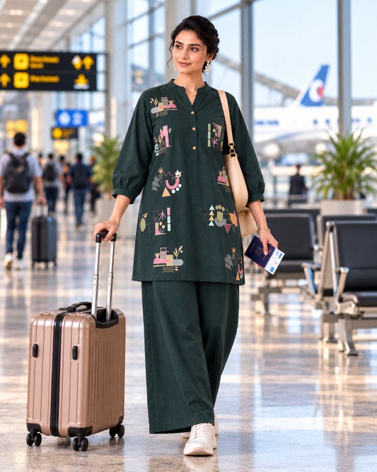 Deep Teal Green Cotton Embroidered Co-ord Set with Wide-Leg Pants