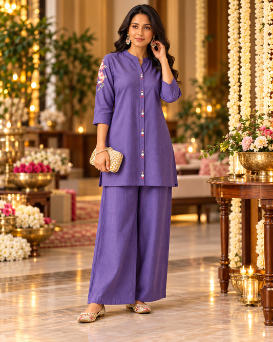 Lavender Mul Chanderi Floral Embroidered Co-ord Set with Wide-Leg Pants