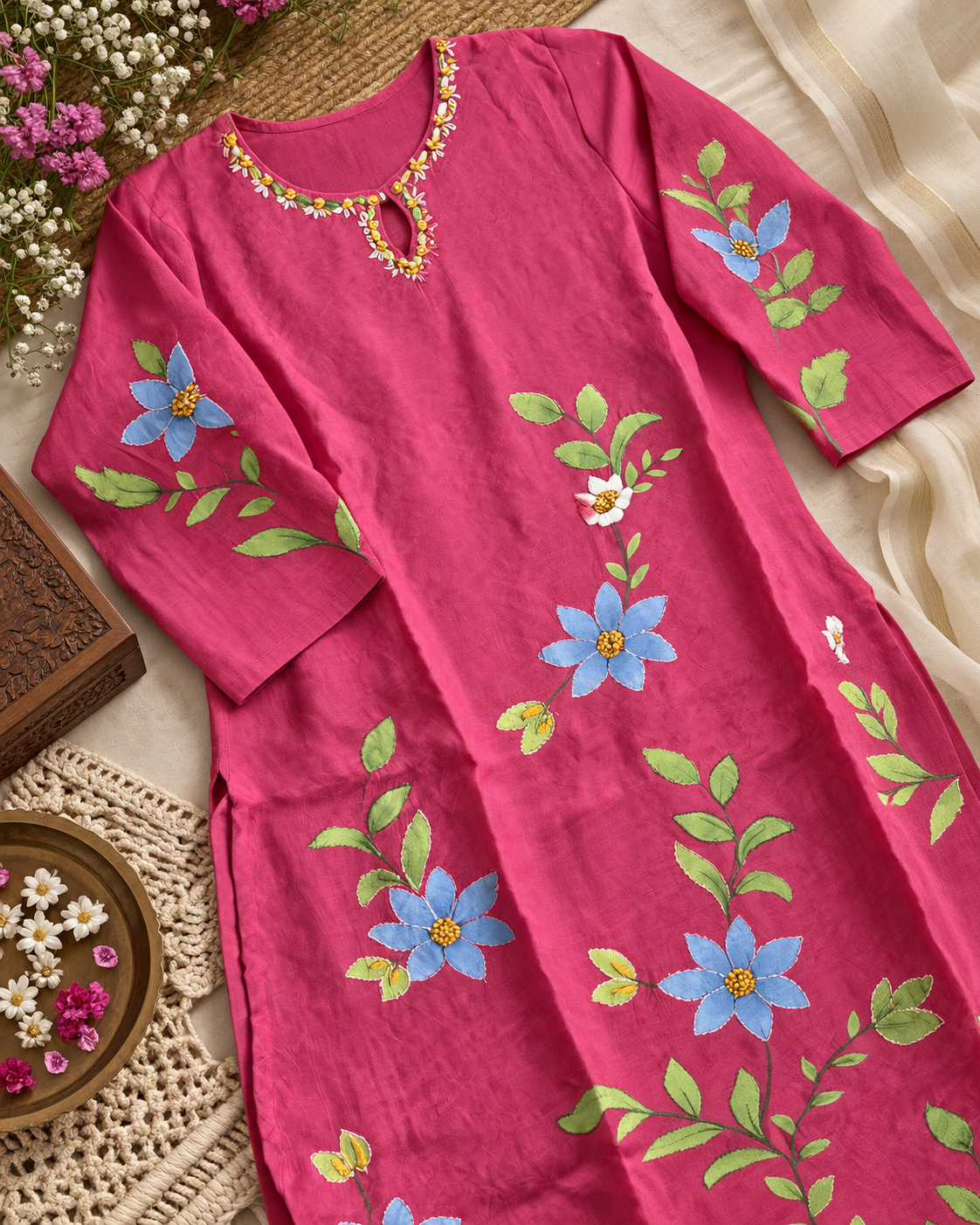 Raspberry Pink Floral Handbrush Designer Mul Chanderi 3-Piece Kurti Set