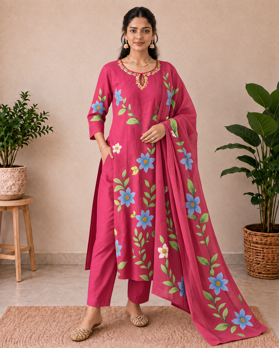 Raspberry Pink Floral Handbrush Designer Mul Chanderi 3-Piece Kurti Set