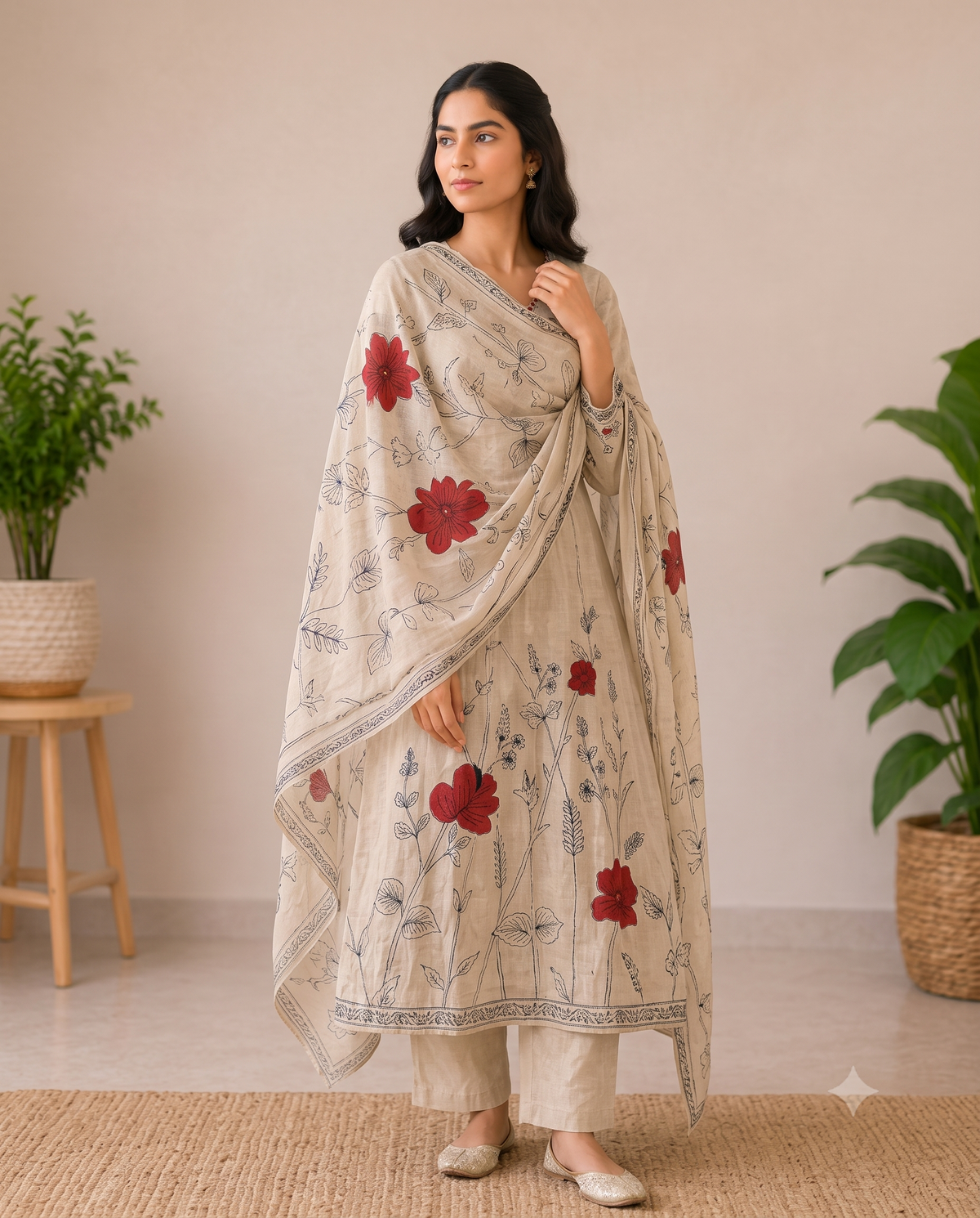 Designer Khadi Linen Floral Printed 3-Piece Kurti Set